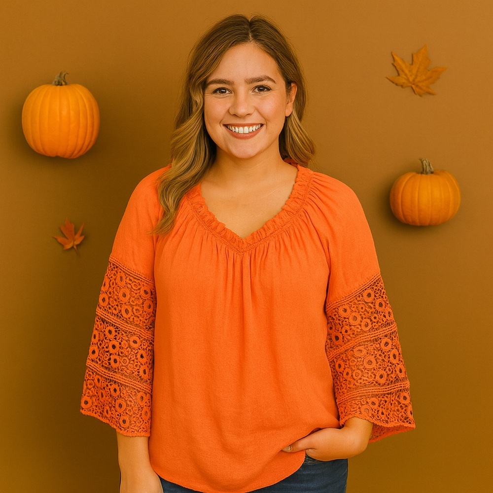 Burnt Orange Crochet Sleeve Blouse 🍁 | Fall Pop of Color | $22